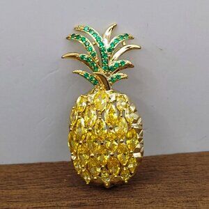 Yellow & Green Rhinestone Pineapple Brooch Gold Tone Tropical